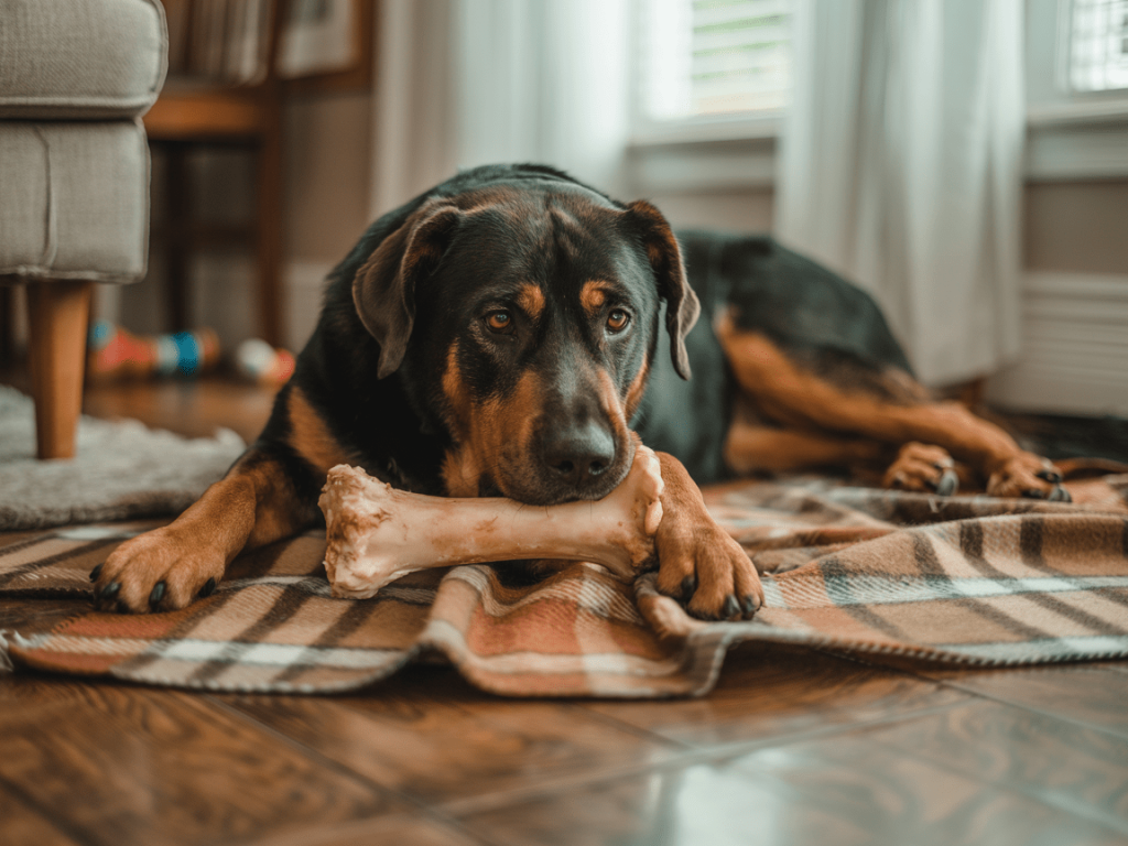 Hund liegt entspannt mit einem Kauknochen auf seiner Lieblingsdecke
